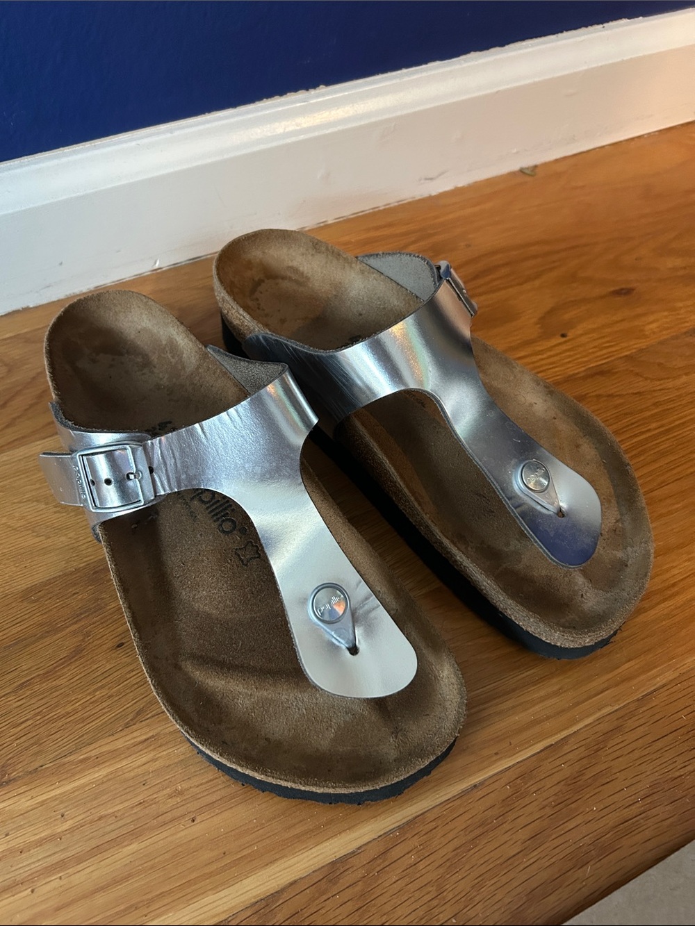 Metallic Silver T-Strap Papilio Birkenstock Sandals
